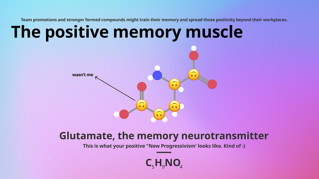 Shows the chemical diagram for Glutamate, which is a memory neurotransmitter which is kind of your new progressivism :)