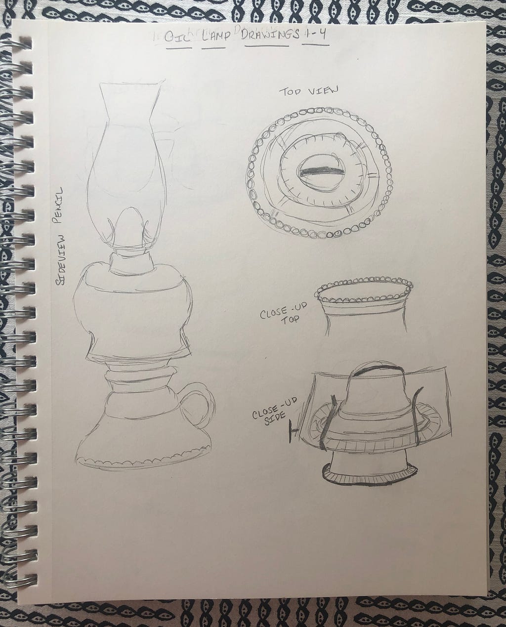 A series of pencil drawings of an oil lamp from different angles.
