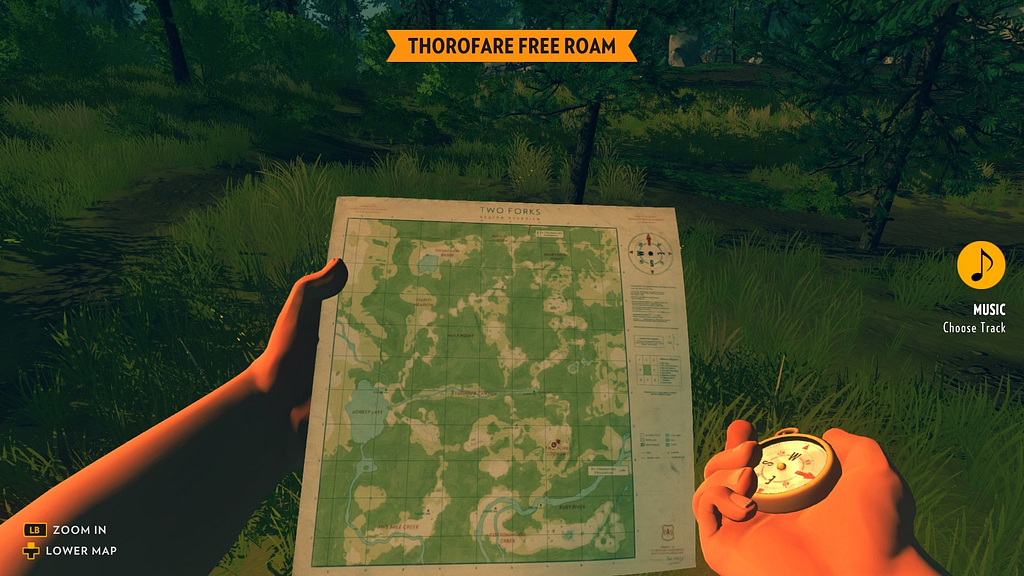 Firewatch screenshot: character holding a map and compass.