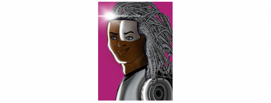 Image of an NFT featuring a woman with brown skin and long silver hair in a gray futuristic suit with a gray patch around her eye.