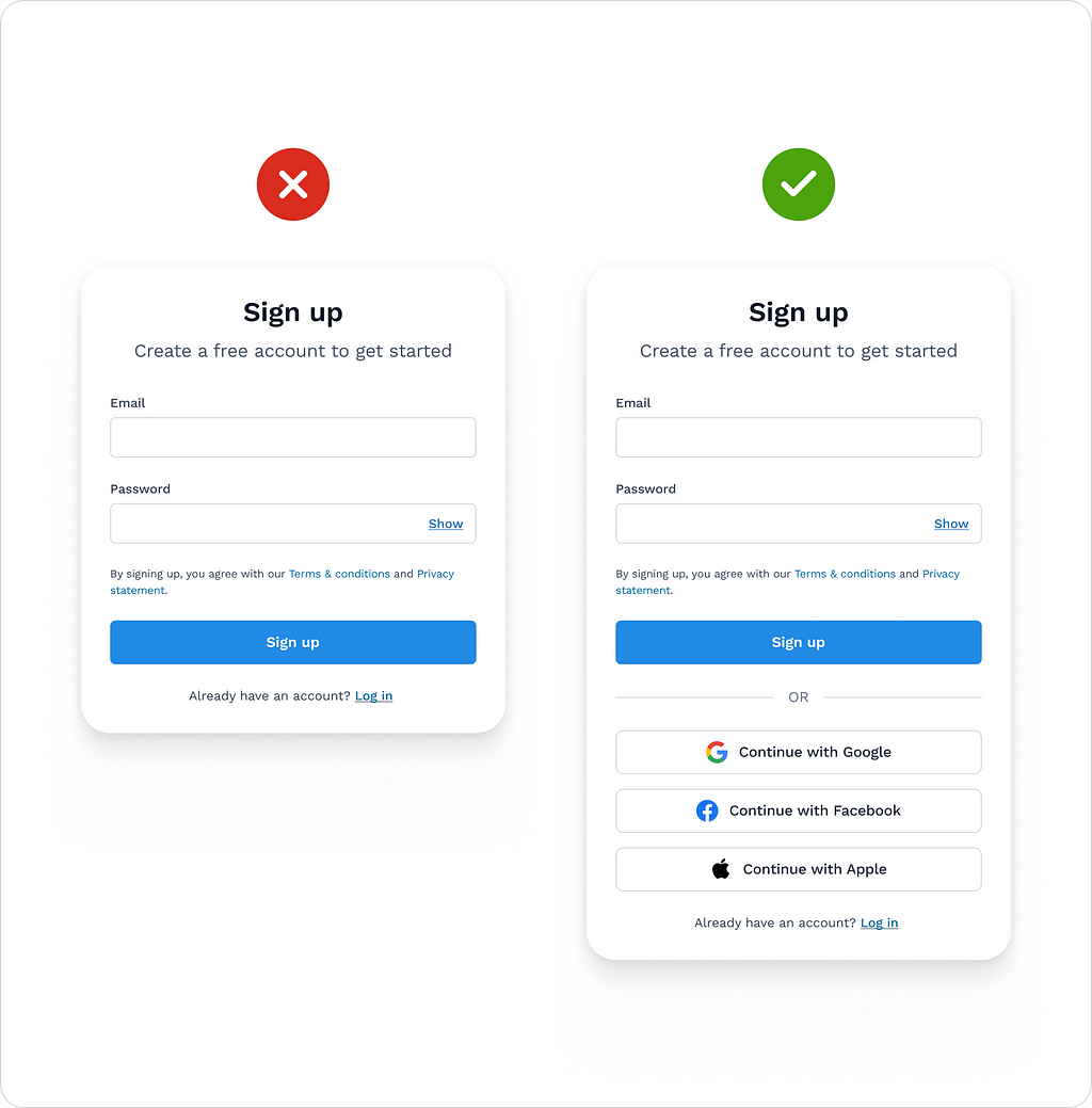 The sign-up form with and without social login methods.