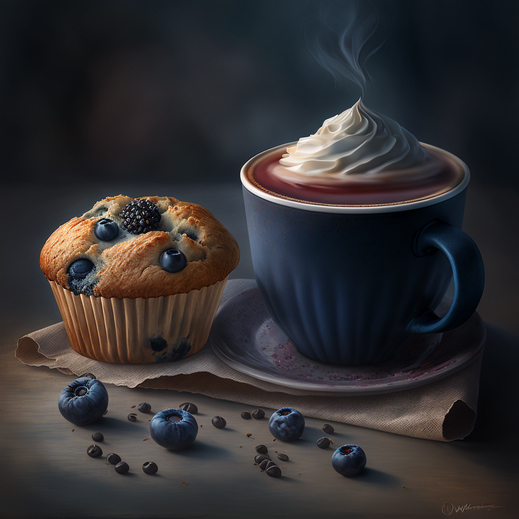An AI generated image of a cappuccino and a blueberry muffin