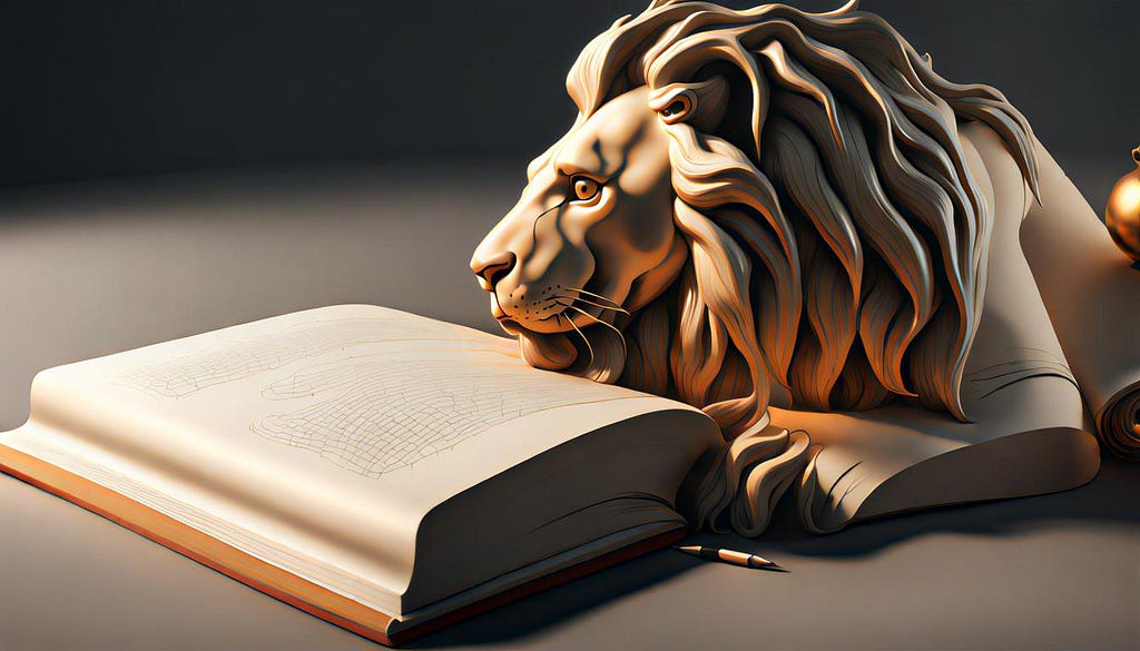 Stone lion looking over large book