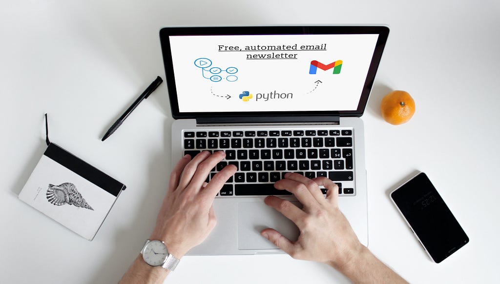 A laptop displaying a pipeline from Github Actions to Python to Gmail