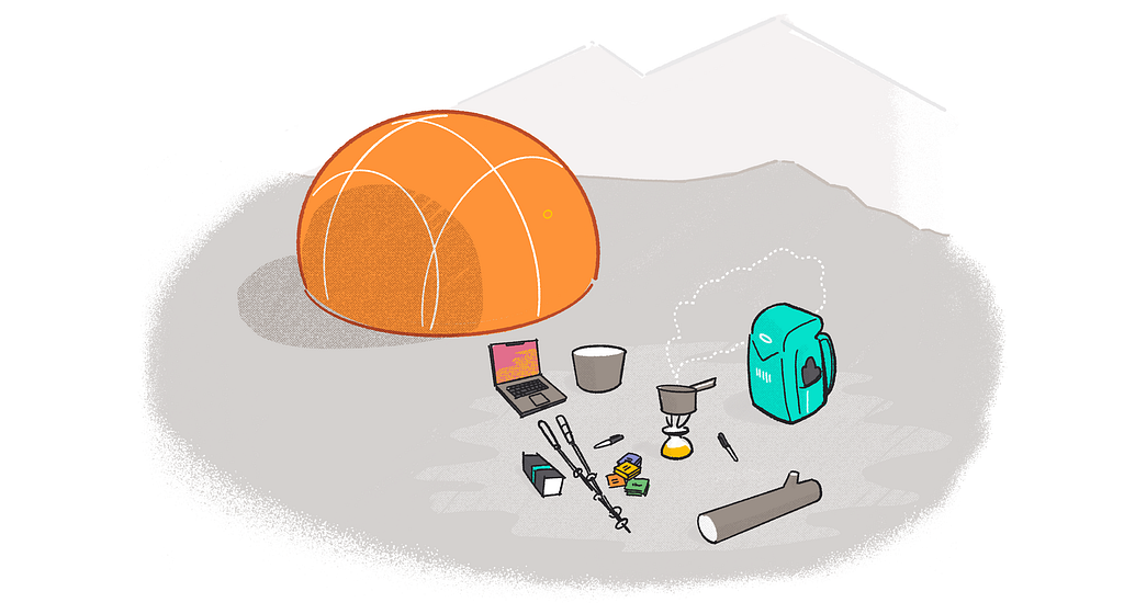 Illustration of a campsite showing a tent, campfire, backpack, laptop, sharpies and paper.