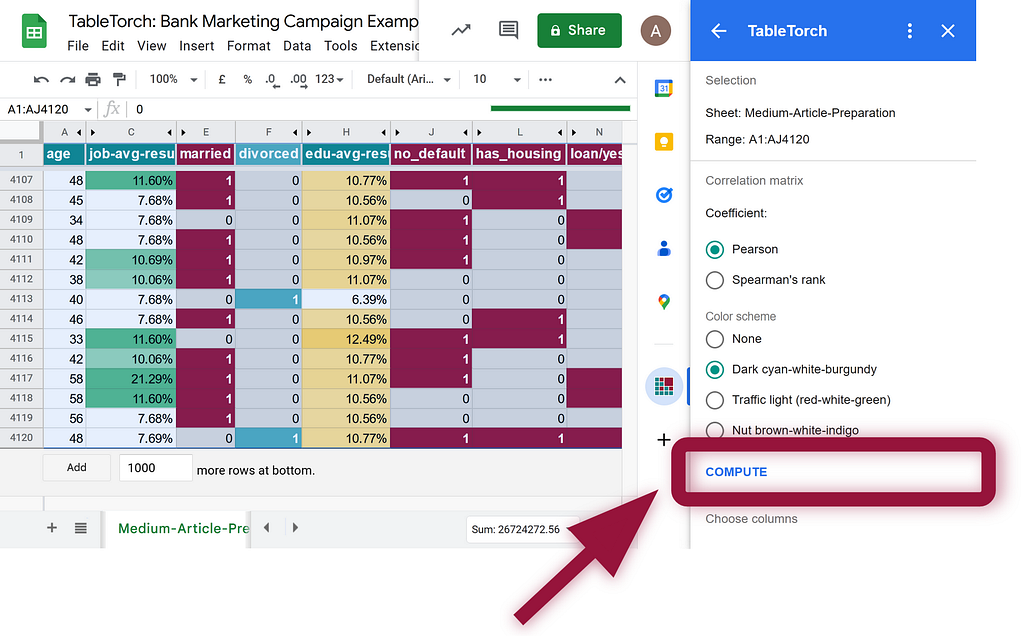 Compute button on a correlation matrix panel of TableTorch add-on for Google Sheets