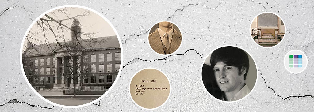 Background of a crack in concrete along with images of a younger David Rose, the UDL Guidelines icon, Boston Latin High School, and other vintage school-related items.