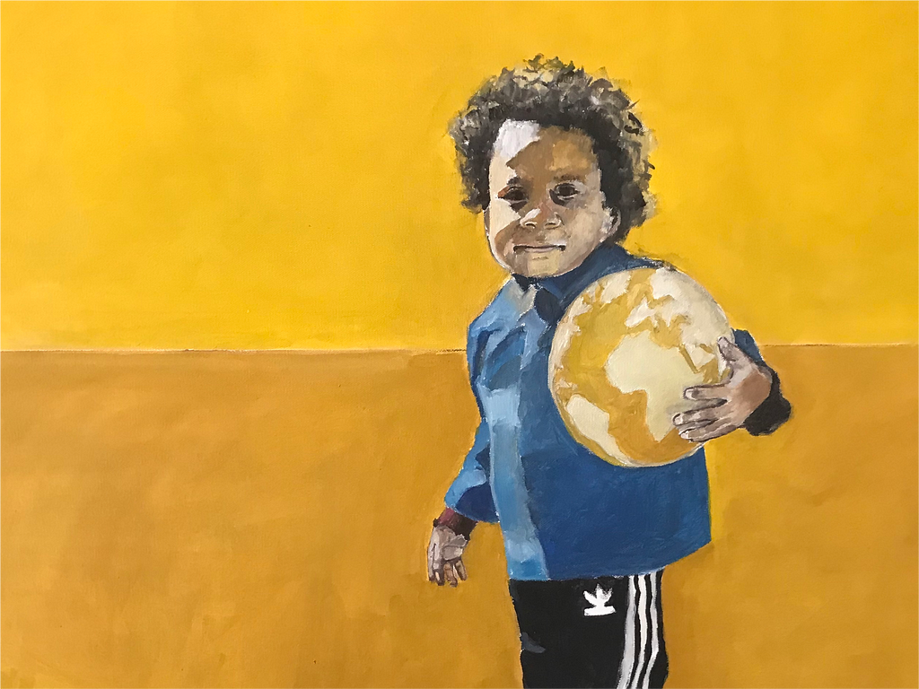 A little Brown girl cradles the world like a soccer ball. She stares at the viewer with a slight smile. The image is an oil on canvas painting.