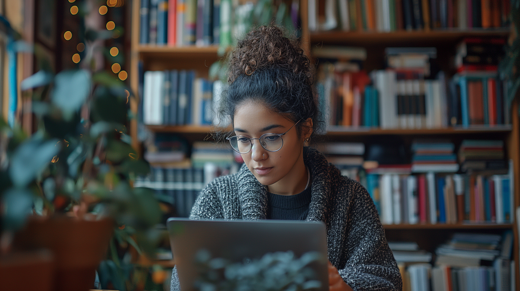 A writer sitting at her study and typing on her laptop