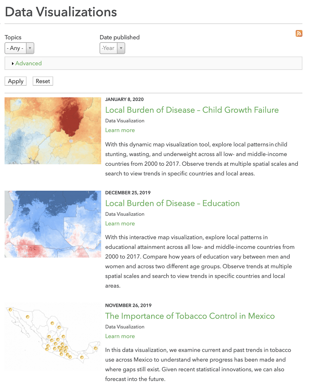 Data visualizations page at IHME