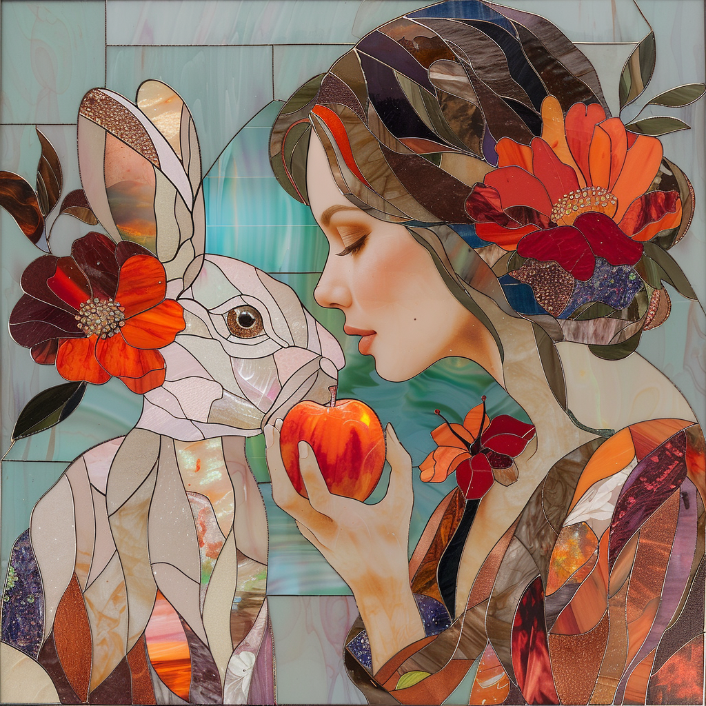 Stained glass art work, a bunny, flowers, a beautiful lady holding apples