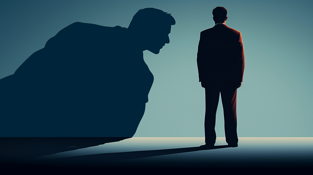 An image of a person standing in the shadow of a much larger person.