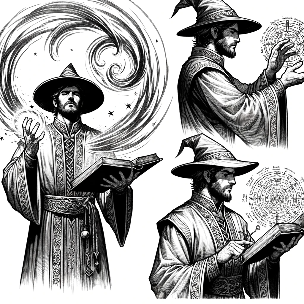 Black and white technical drawing on a white background, showcasing a medieval mage character sheet. The mage is illustrated from the front, side, and back. In the front view, he’s conjuring a spell with swirling magic around his hands. In the side view, he’s deeply engrossed in studying an ancient tome. In the back view, he’s channeling energy through a staff.