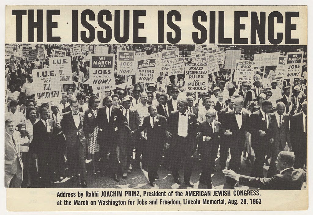 The Issue is Silence: An Address by Rabbi Joachim Prinz, President of the American Jewish Congress, at the March on Washington for Jobs and Freedom, August 28, 1963. American Jewish Congress records, undated, 1916–2006. Image courtesy of AJHS.