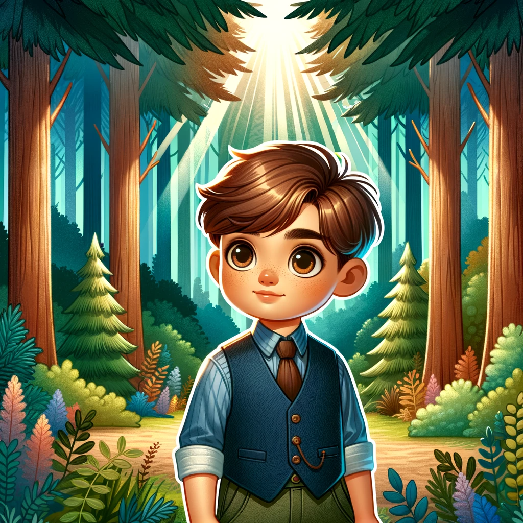 Illustration of a colorful forest scene with towering trees and thick underbrush. Sunlight filters through the canopy, creating a magical atmosphere. Centered in the frame is a young boy, around 7 years old, with distinctive almond-shaped hazel eyes, sandy brown undercut hair, and dimple cheeks. He’s gazing to the left and is attired in a smart navy waistcoat and khaki shorts.