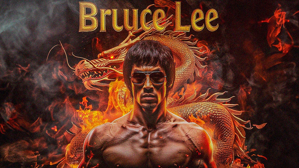 Uma imagem do Bruce Lee gerada por Inteligência Artificial. Na imagem, Bruce Lee está sem camisa e usando um óculos de sol. Atrás, é possível ver um dragão soltando fogo e várias fumaças.