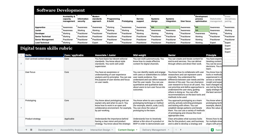 A sreengrab of two spreadsheets showing a rubric of the Digital Team’s skills and the Software Development process