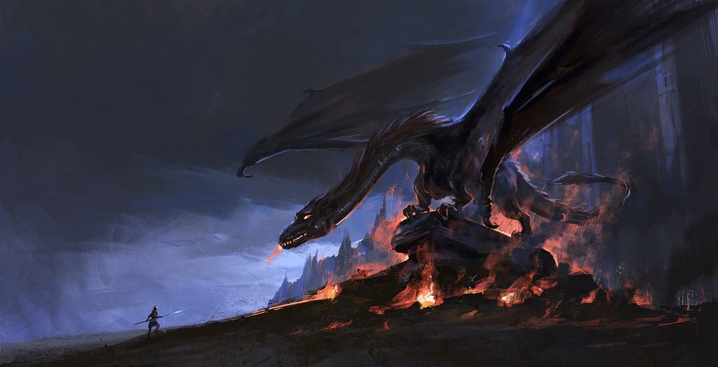 Image: A massive black dragon sitting atop a burning village, staring down the tiny speck of a human who has come to face them.