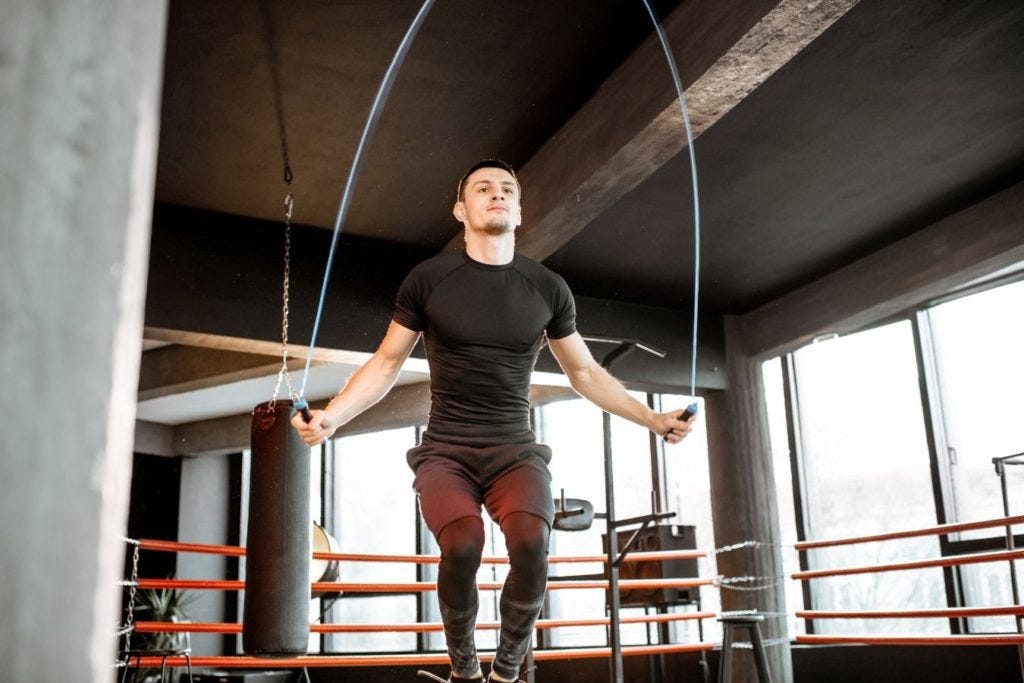 Jumping rope improves your foot coordination, strengthens calves, and gives you endurance needed for that constant stance bounce needed for boxing.