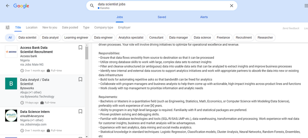 Google search job listing for Nigerian Data Science Jobs