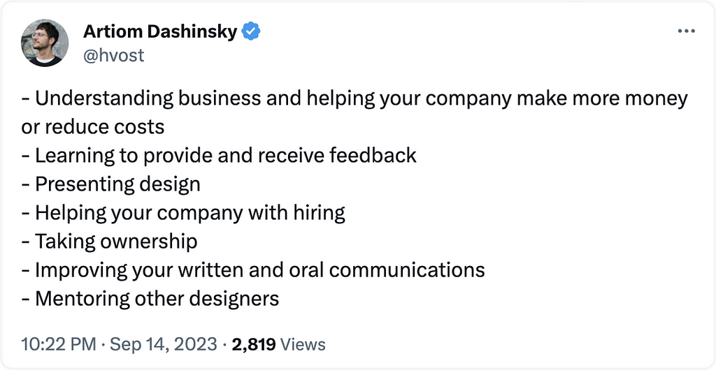 A tweet listing key skills for designers to develop including understanding business needs, providing feedback, presenting designs, assisting with hiring, taking ownership, communicating effectively, and mentoring others.