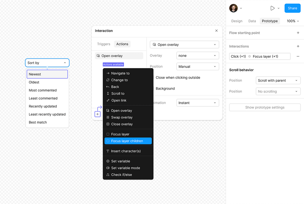 A view of a select component, prototype panel, and interaction window. A user is adding a new action, and is selecting a new option to focus the children of the target layer that will be chosen (to enable interactivity).