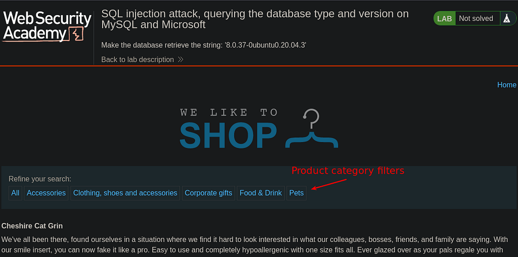 Lab shopping page showing the product category filters