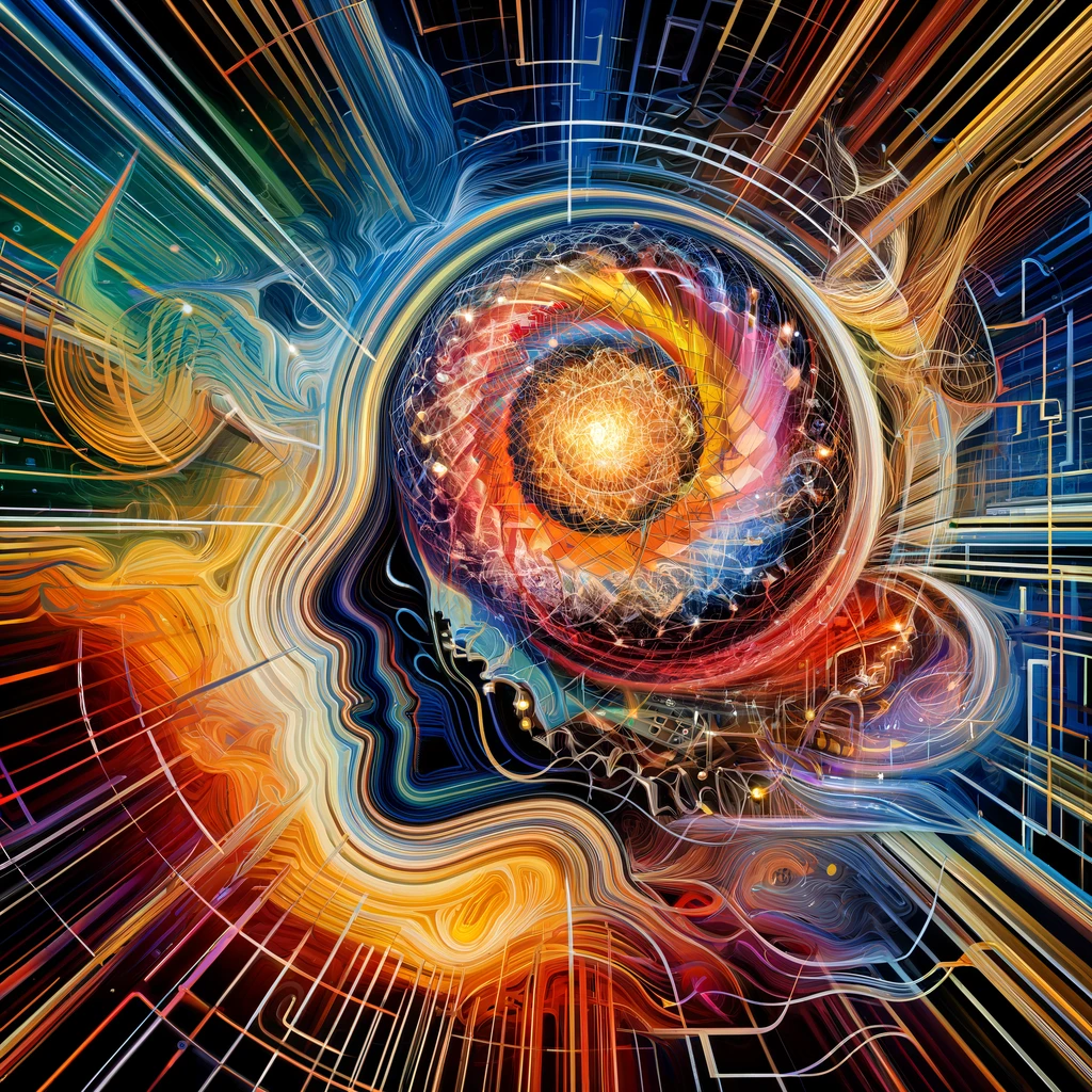 An abstract image featuring vibrant colors and interconnected patterns, representing bioelectrical impulses, sensory perception, and the complexity of human experiences. The composition balances chaos and order, reflecting the philosophical contemplation of life and the interplay between striving for more and appreciating the present moment.