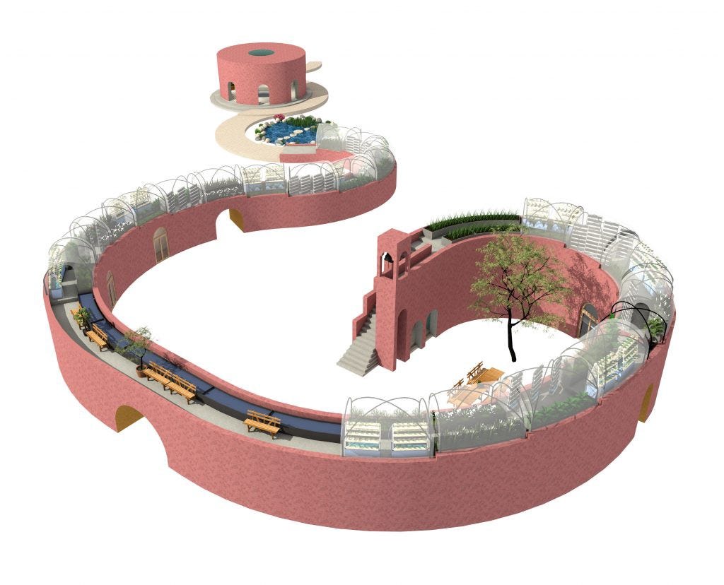 An aerial perspective of The Loop (rendering). The spiraling shape is about 6 meters high, a few meters wide, and has gardens on the top of the wall and arched openings at key locations. At the top is a round building with arched openings seen foreshortened by perspective.