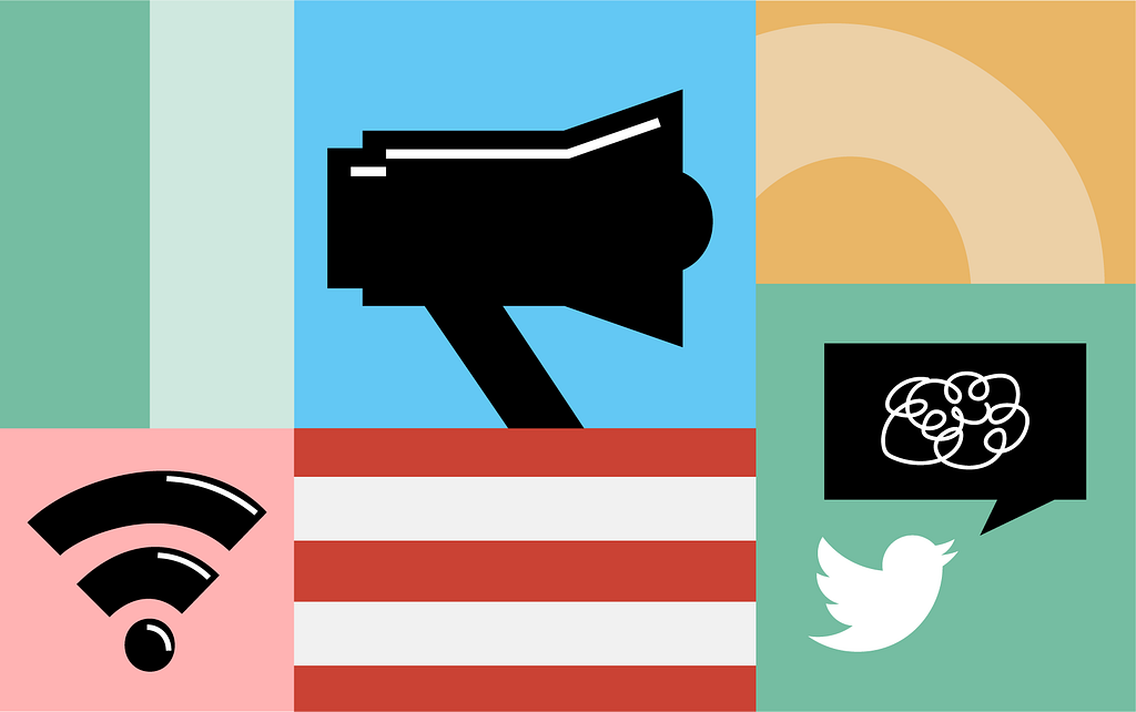 Iconography featuring a signal boost, megaphone and a tweet with jumbled messaging