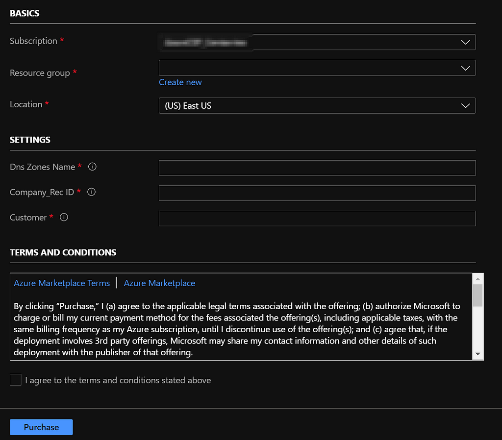 Azure Portal template deployment / purchase screen