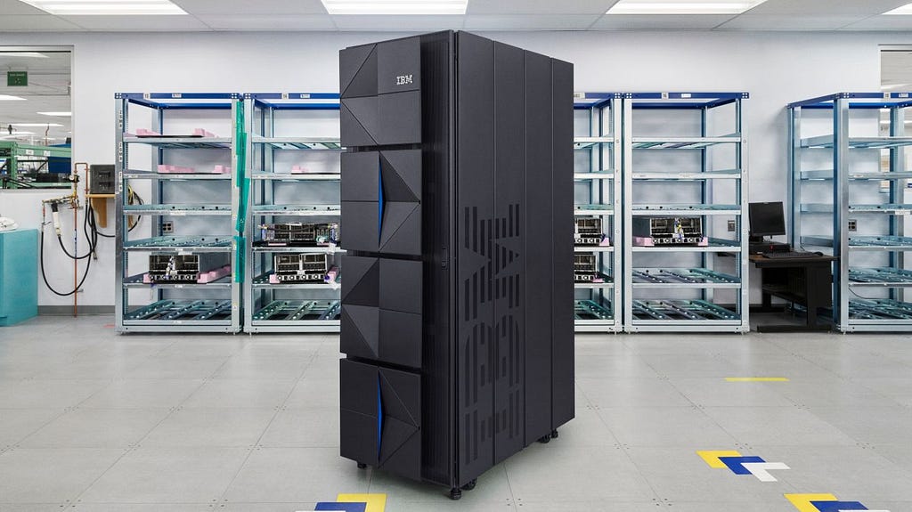 Front left angle of IBM z16 mainframe in the manufacturing lab