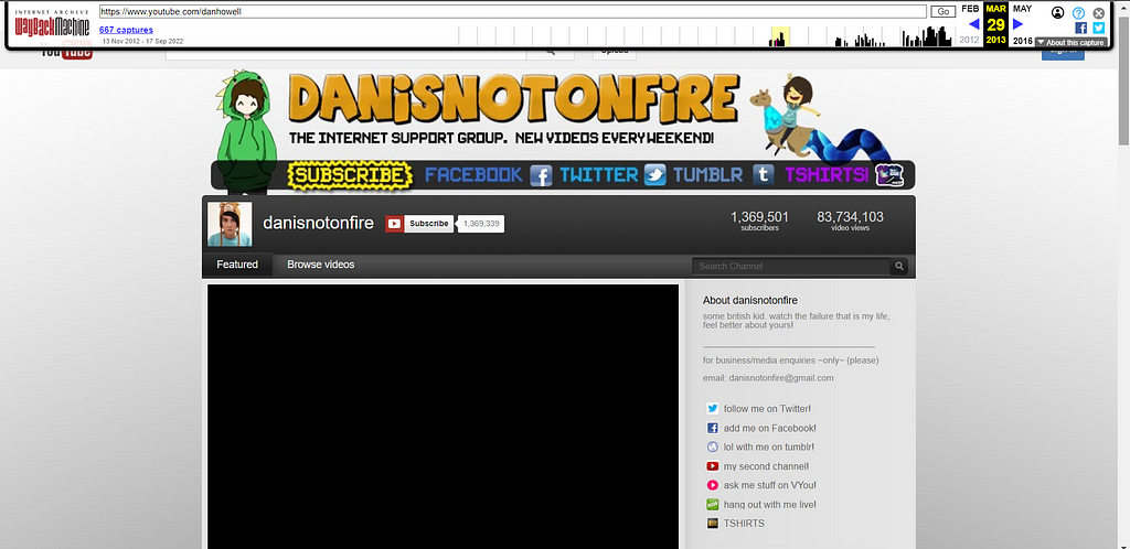 An image of Dan Howell’s YouTube Channel page from 2013.