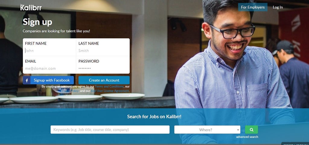 kalibrr.com landing page with me in it