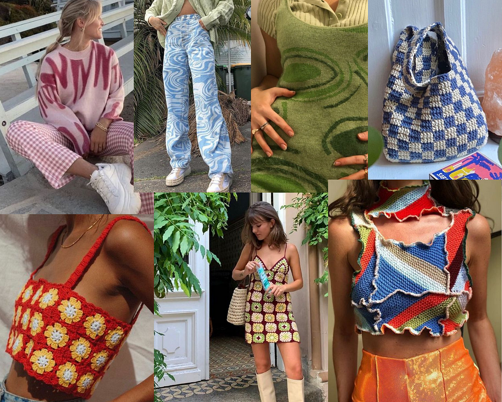 a collage of pictures of summer fashion- a girl wearing pink gingham trousers and a pink sweater, some blue zebra print trousers, a green spiral print dress, a checked crochet bag, an orange flower crochet crop top, a crochet dress and a colourful patchwork tank top