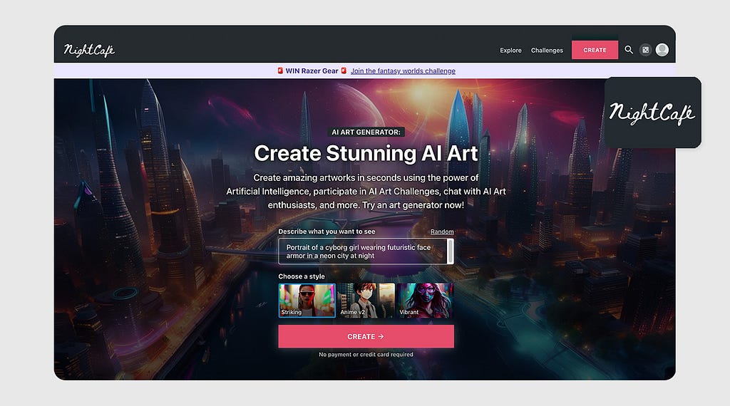 NightCafe Studio: Centered on community, offers multiple algorithms