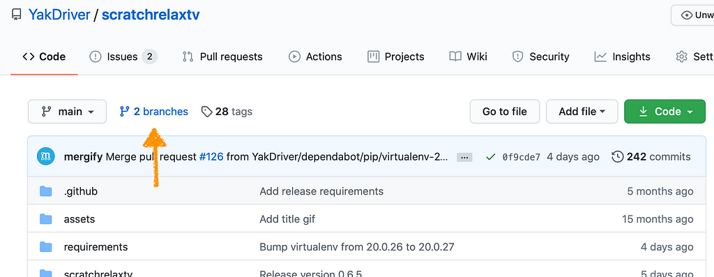 GitHub screenshot showing how to view Git branches