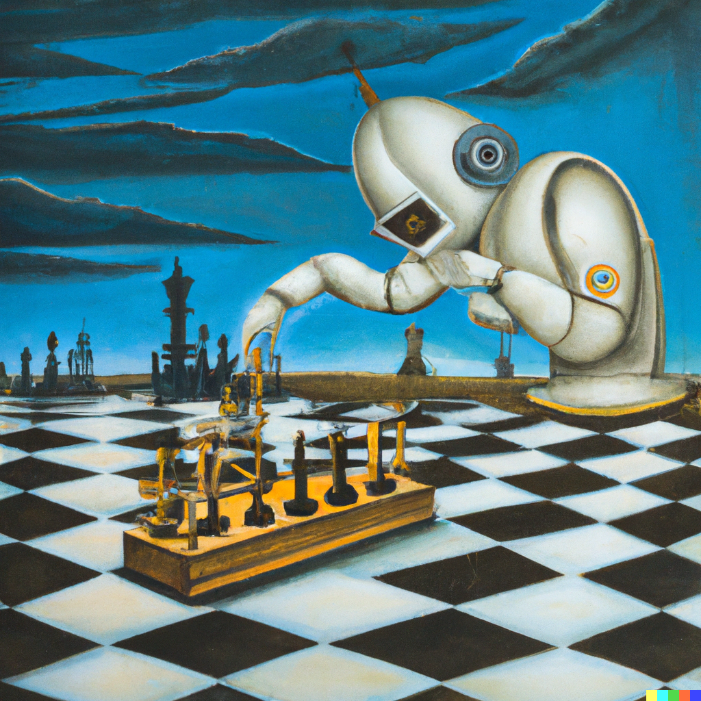A Salvador Dali painting of a robot playing chess