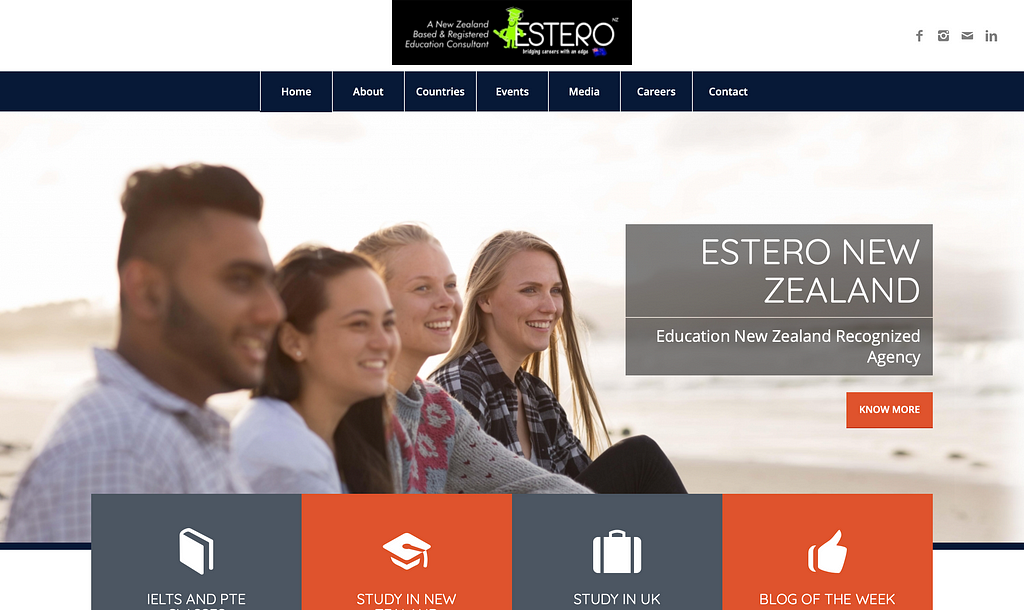 Landing page with an image of people sitting on a beach and smiling