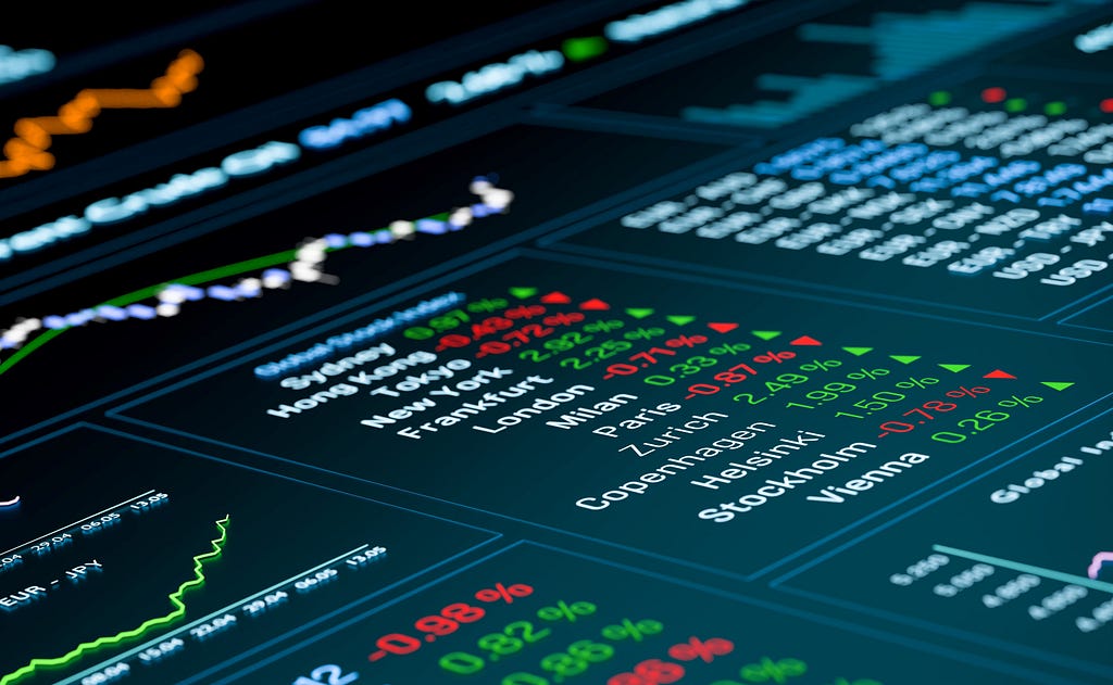 Selctive focus on stock market trading screen. Index, currency, bond and commodity information, prices, charts, graphs, financial figures, exchange rates. 3D illustration