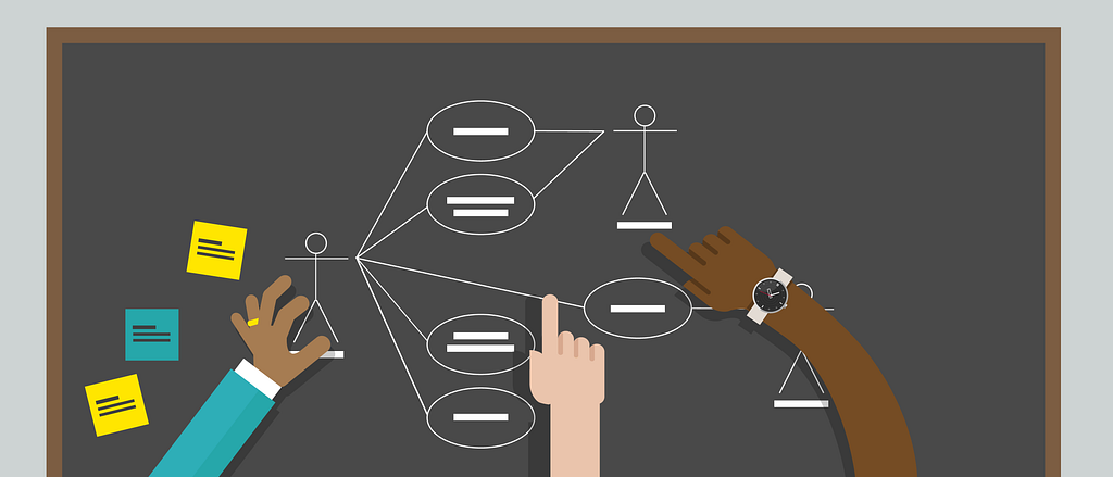 An illustration depicting a team working collaboratively to define a logic model on a black board.