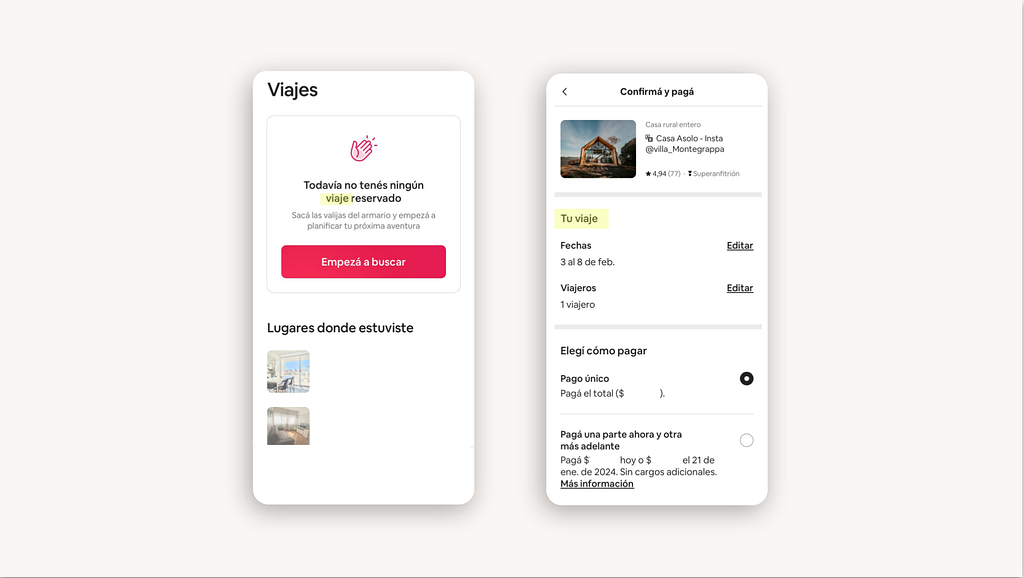 Dos pantallas de la aplicación Airbnb.