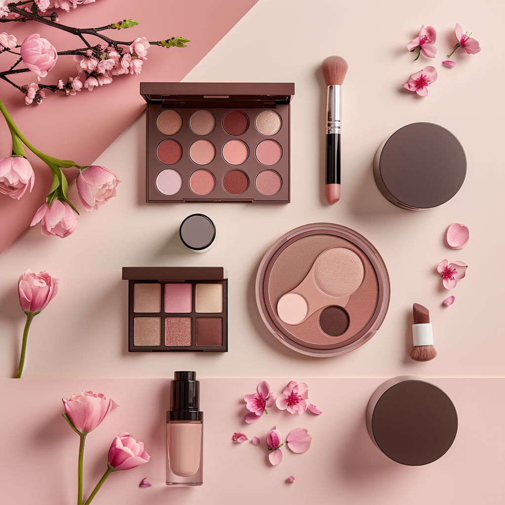 Top view of Makeup items on a light beige and pink background, minima, elegant and feminie design