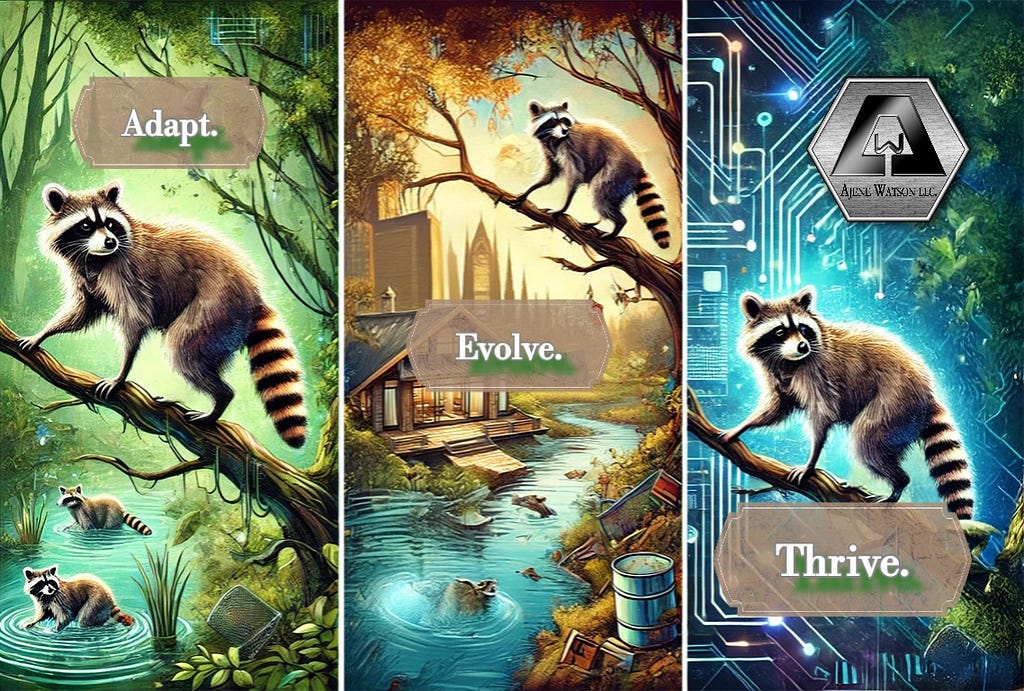 Engaging triptych featuring a raccoon symbolizing adaptability, evolution, and growth in the age of AI. Left panel shows raccoon thriving in a natural wetland environment, representing ‘Adapt.’ Center panel shows an urban setting, symbolizing ‘Evolve’, adjusting to changing environments. Right panel integrates futuristic digital and AI-inspired elements, showcasing ‘Thrive’ through innovation and technology. AJENE WATSON, LLC logo’s prominently displayed for business growth and adaptability.