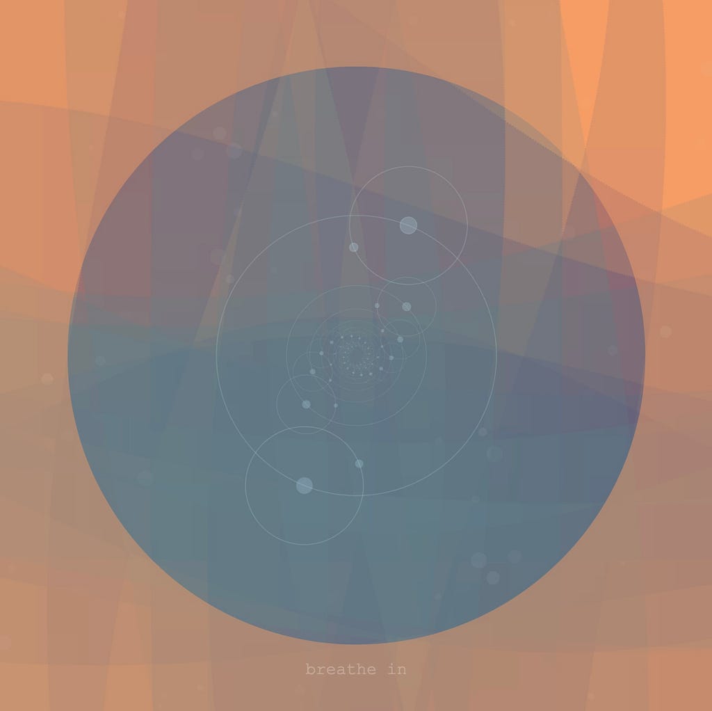 a circle with spiraling orbits and the text below that says breathe in. satin textures cross horizontally and vertically with peaches and blues.