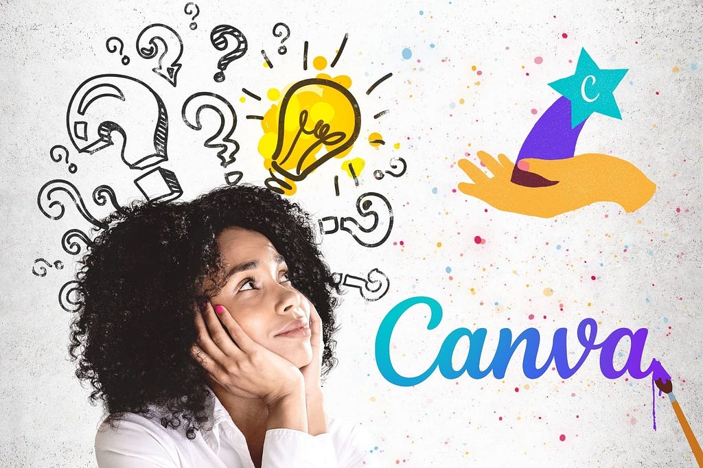 A young woman brainstorms ideas on using Canva to enhance a blog post.