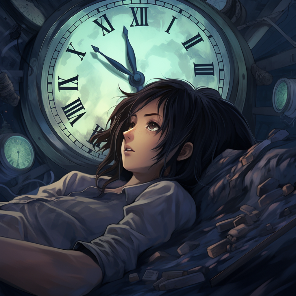 An image portraying a woman lying in bed, trying to sleep while staring at the clock, she displays fatigue and tiredness. This image represents the challenges of insomnia and the subsequent fatigue that disrupts routines and daily life.