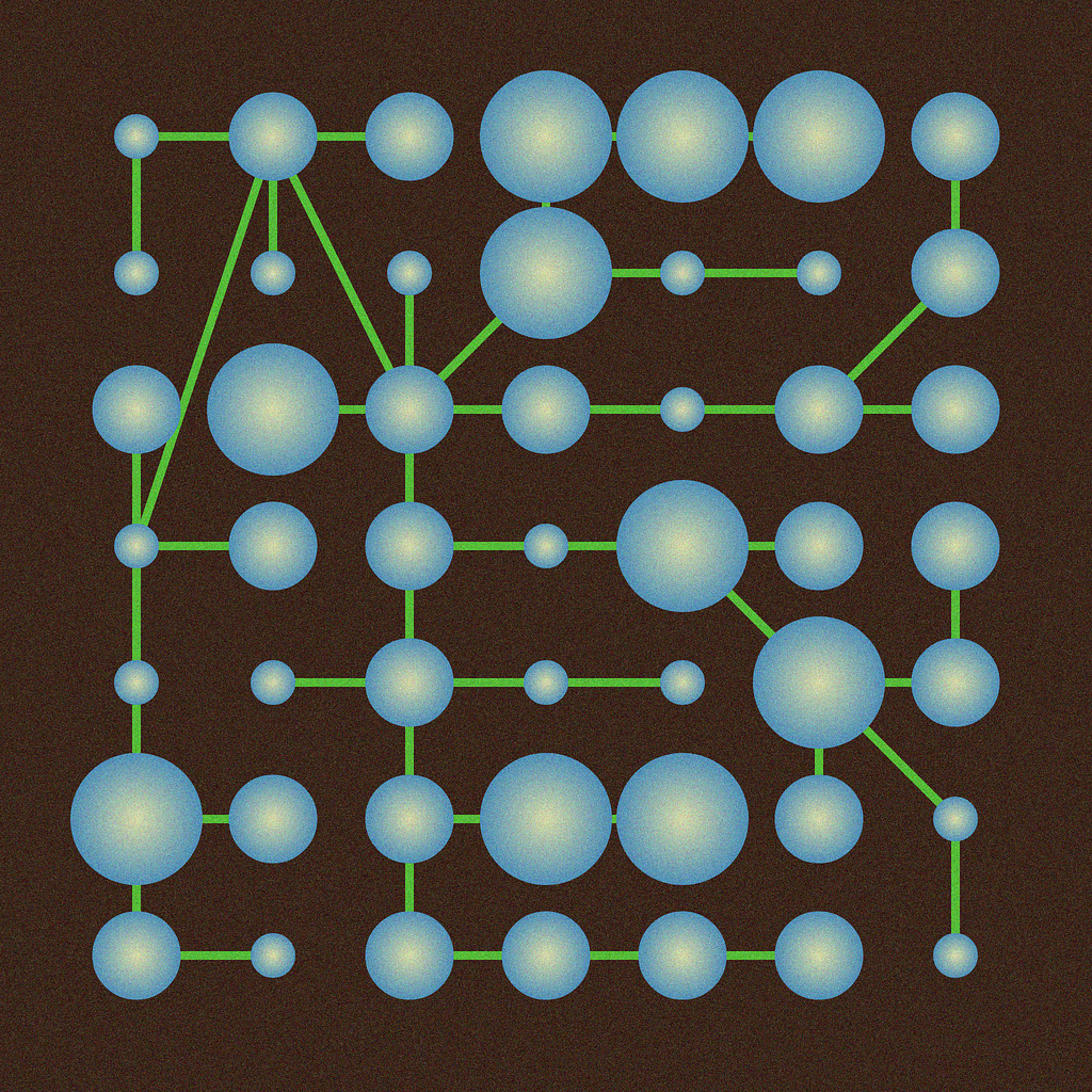 Interconnected spheres in a network formation, image by sitkevij