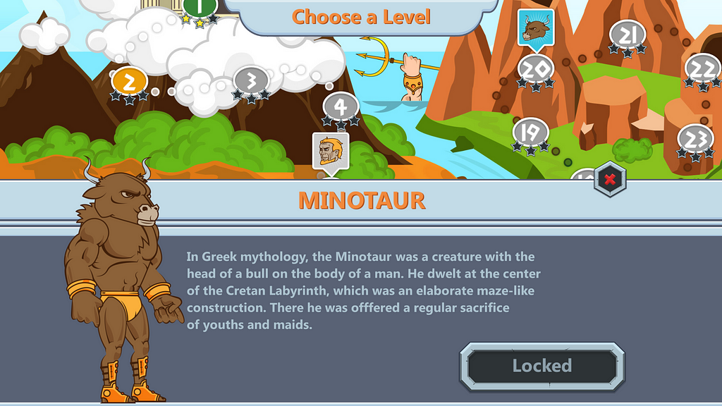 Levels map screen shows minotaur introduction before boss level