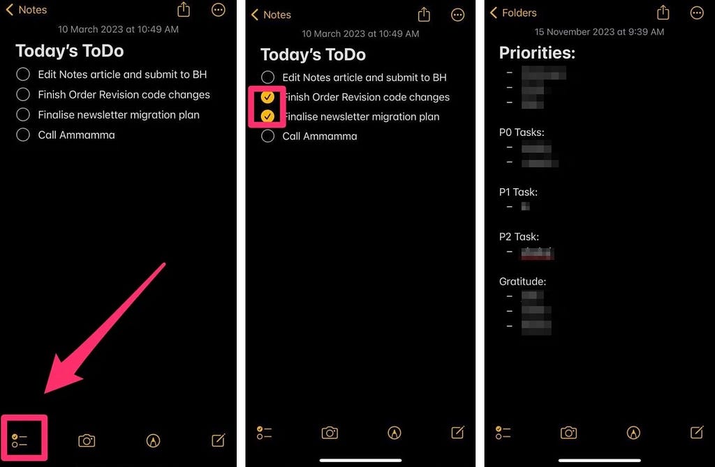Screenshots of the author showing how to journal with the Notes app